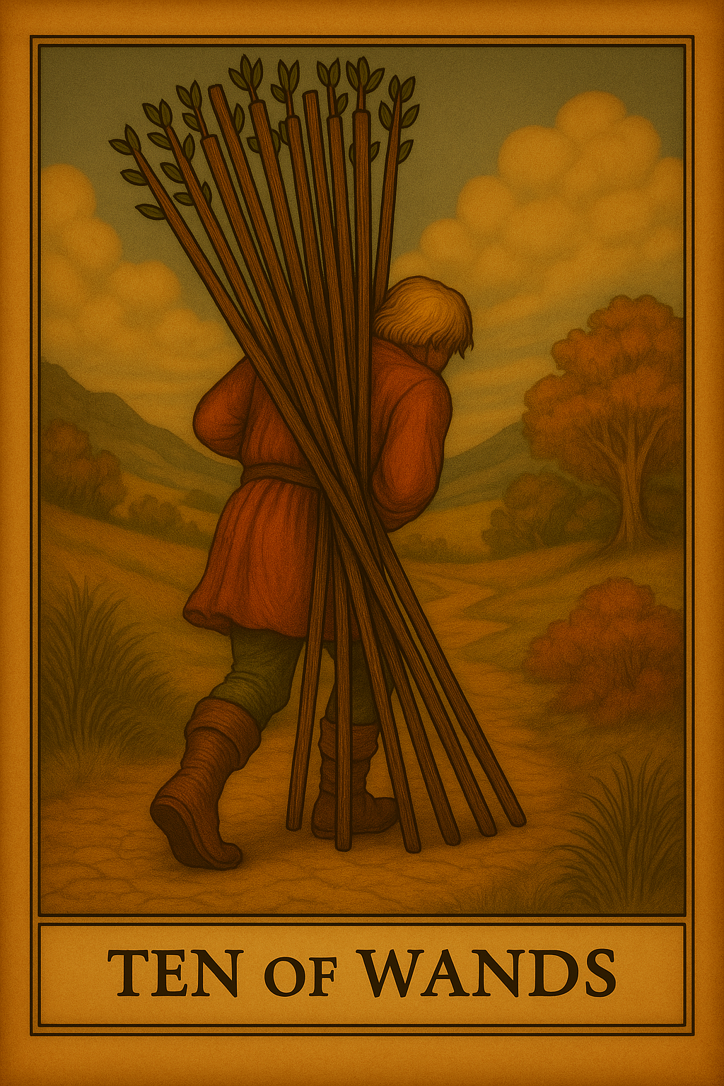 Ten of Wands tarot card reflecting burden, responsibility, and the pressure of carrying too much alone.