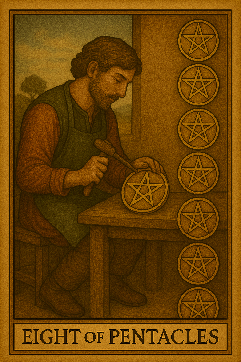 Eight of Pentacles tarot card symbolising dedication, skill refinement, and hard work paying off.