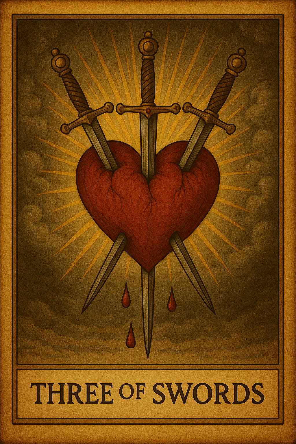The 3 of Swords tarot card showing heartbreak, sorrow and emotional wounding through separation or loss.