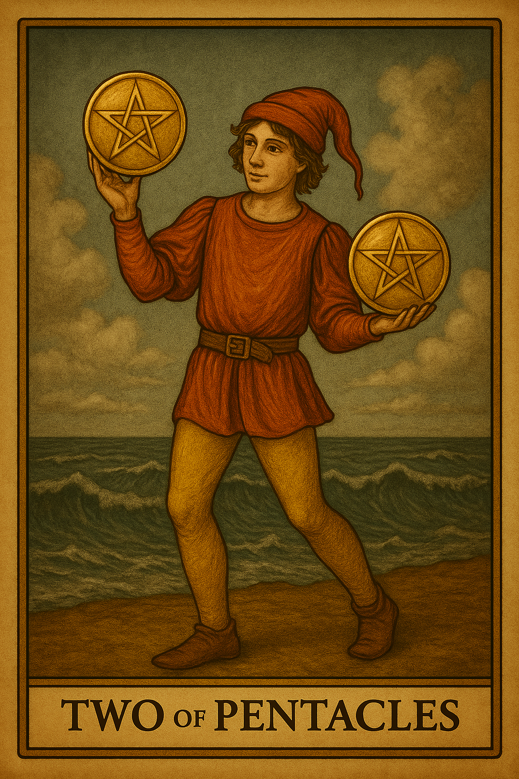 Two of Pentacles tarot card representing balance, time management, and financial flexibility.