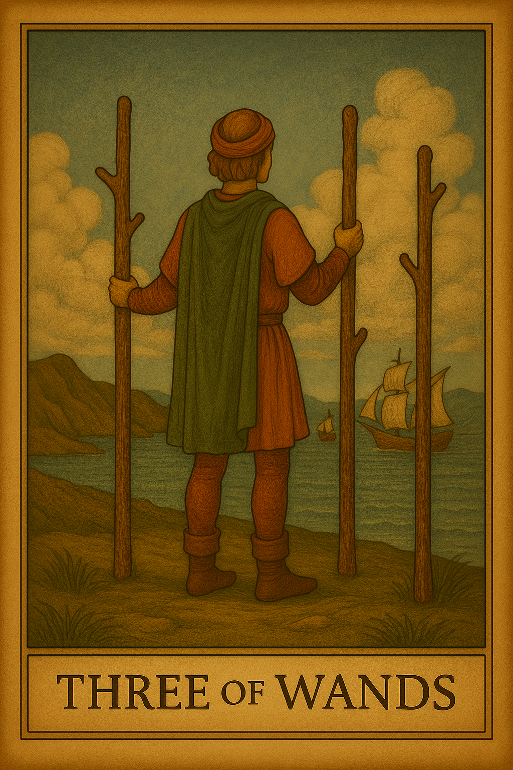 Three of Wands tarot card symbolising growth, travel, and future opportunities on the horizon.
