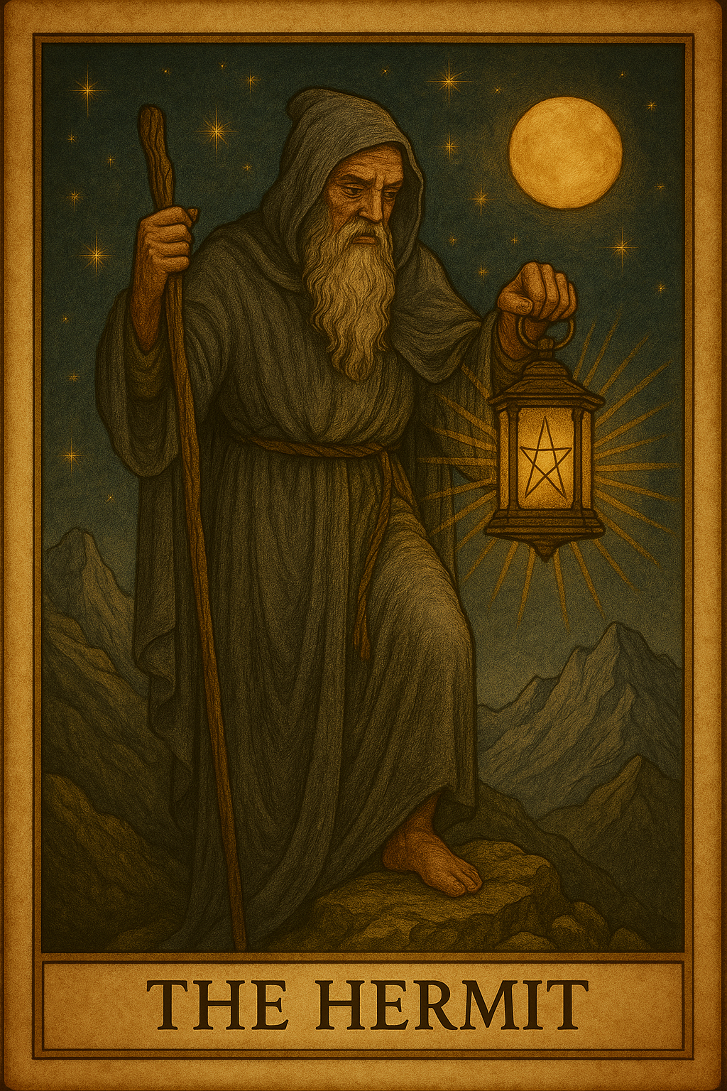 The Hermit tarot card depicting introspection, solitude, and the search for inner wisdom.