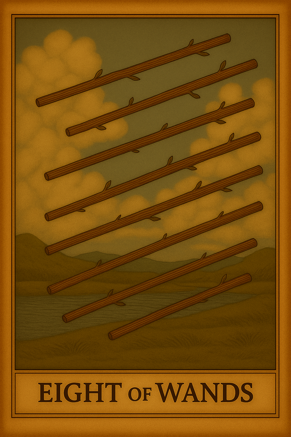 Eight of Wands tarot card depicting rapid movement, swift communication, and momentum.