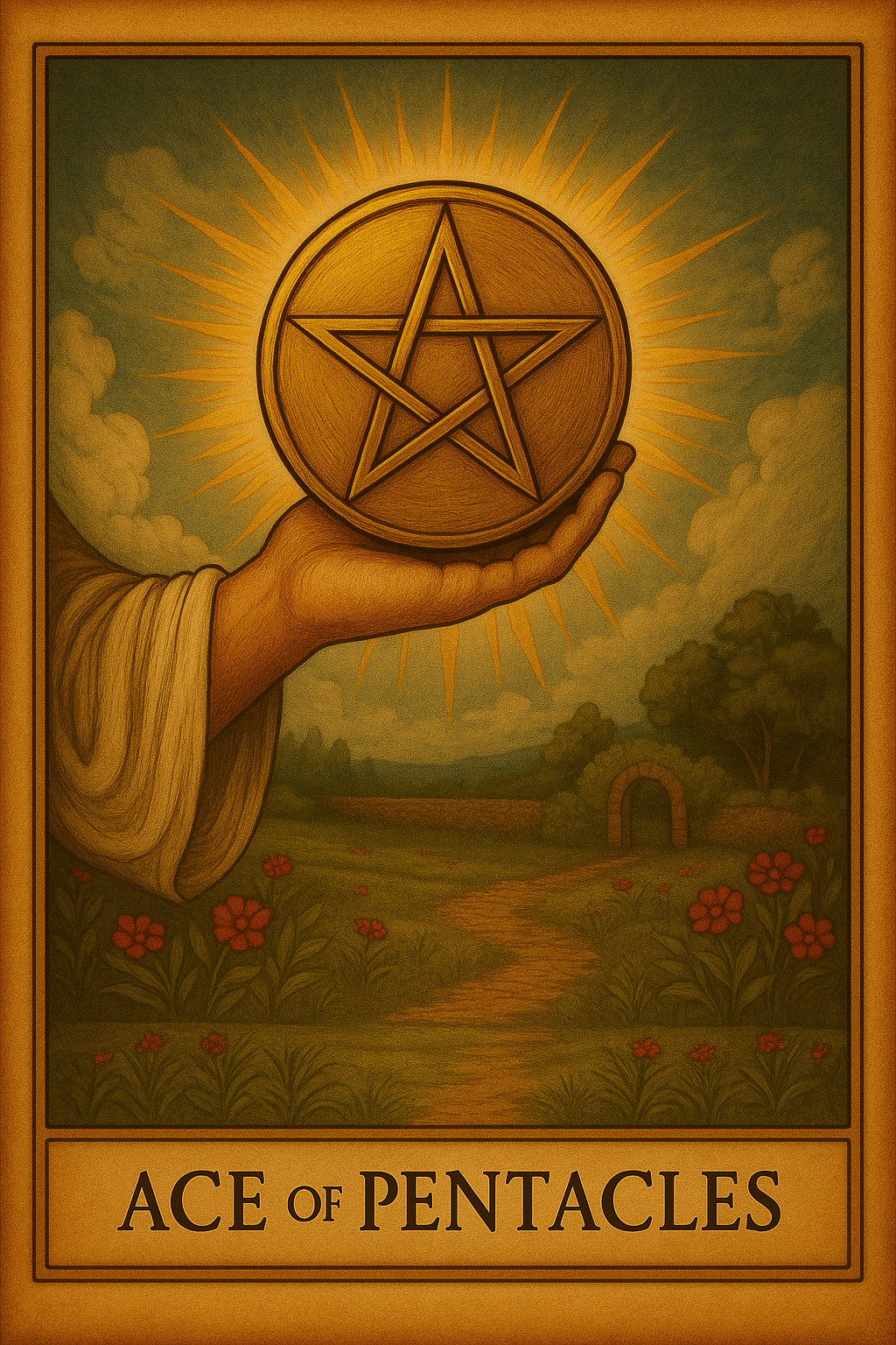 The Ace of Pentacles tarot card symbolising a powerful financial beginning, new wealth, and opportunity