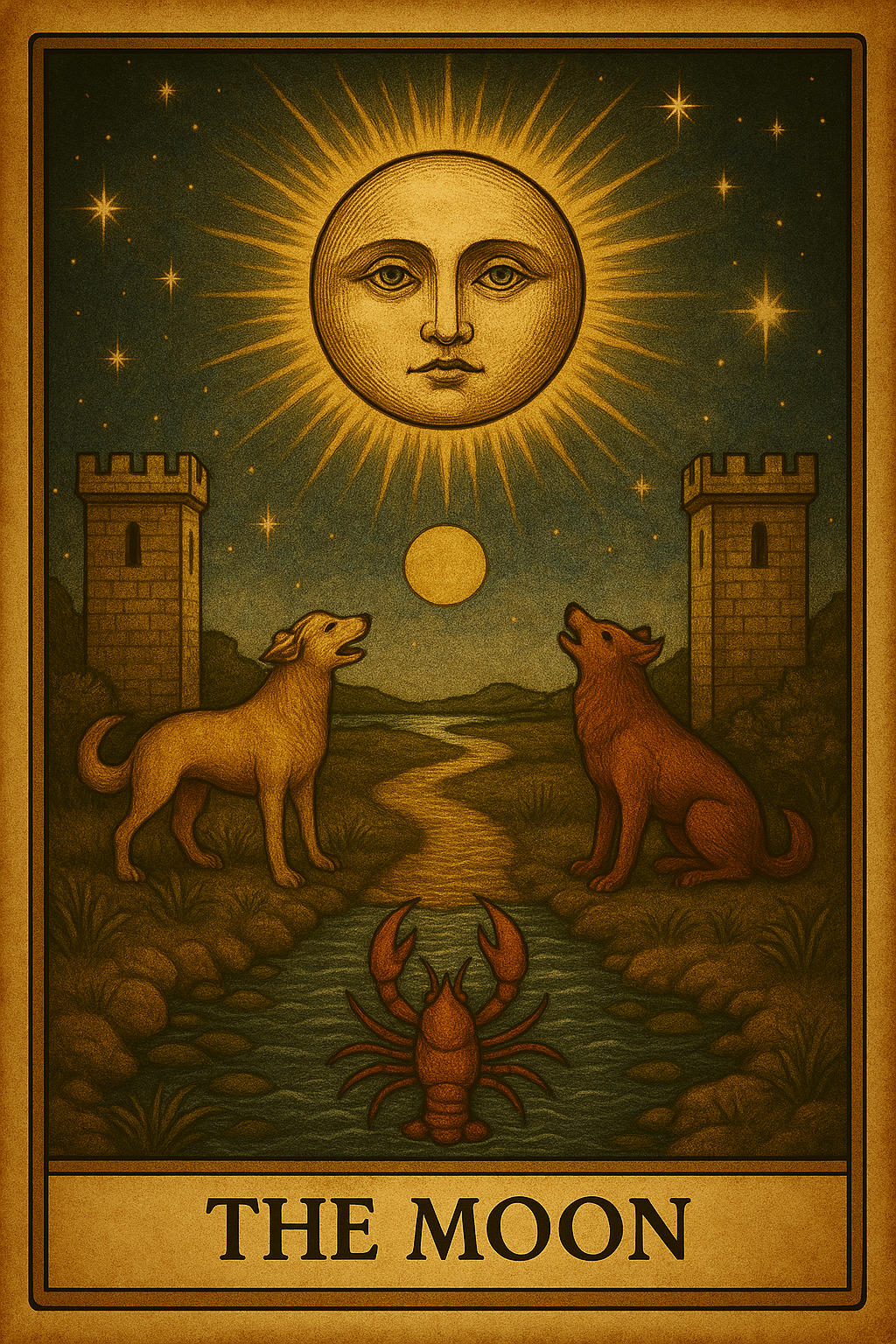 The Moon tarot card reflecting illusion, the unconscious mind, intuition, and emotional uncertainty.