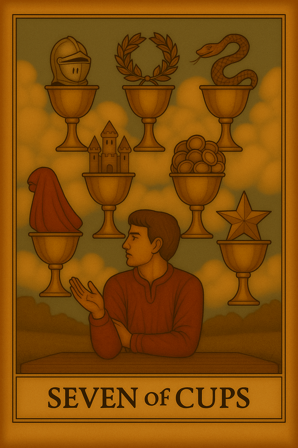 Seven of Cups tarot card portraying fantasy, multiple options, and emotional confusion.