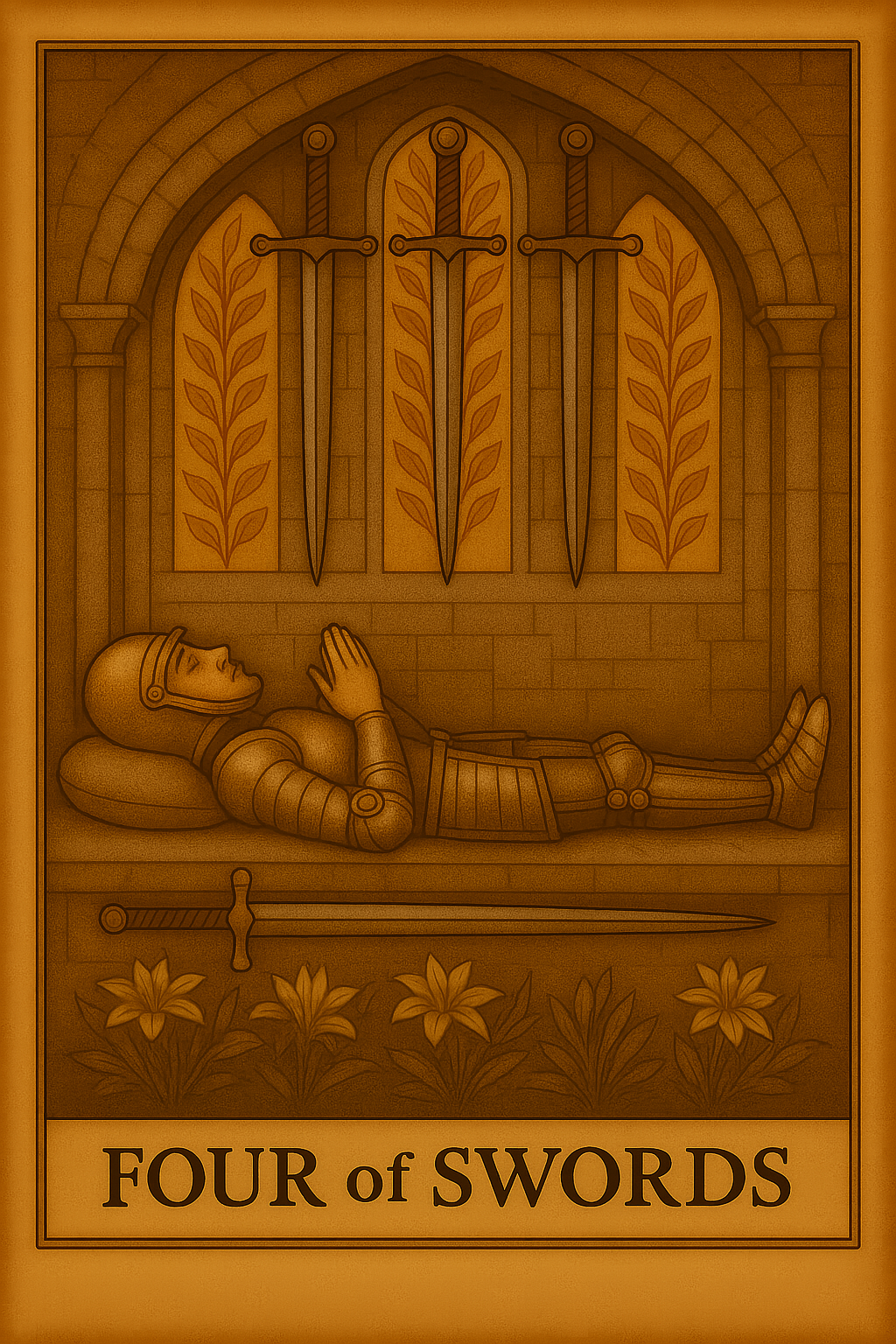 Four of Swords tarot card representing rest, meditation, recovery, and contemplation.