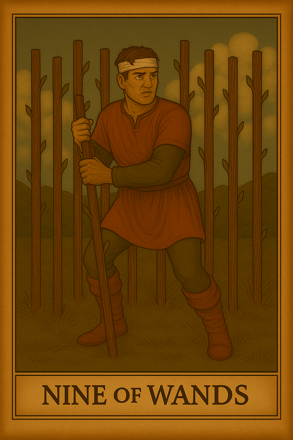 Nine of Wands tarot card symbolising resilience, boundaries, and holding strong under pressure.