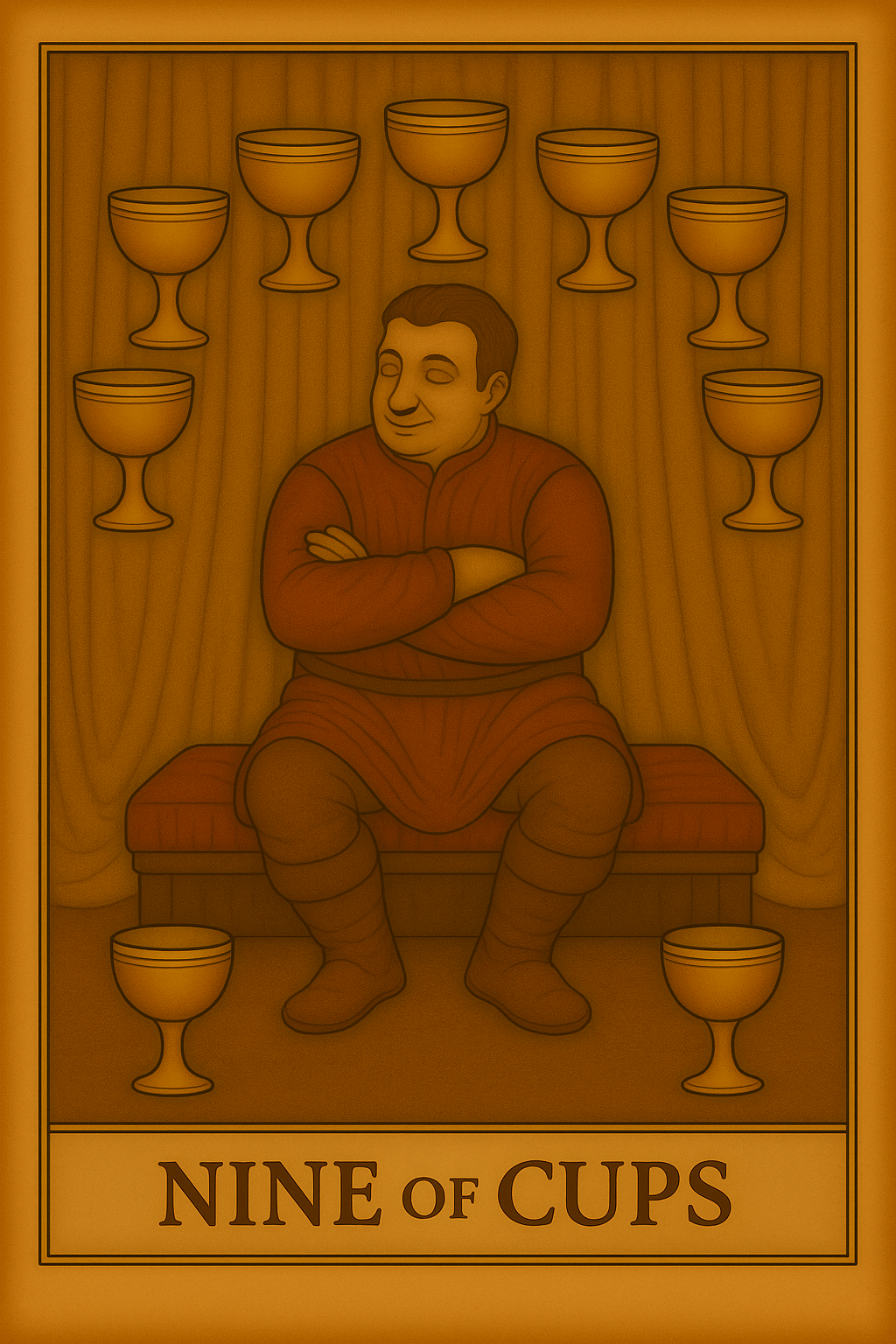Nine of Cups tarot card representing emotional fulfilment, wishes granted, and personal contentment.