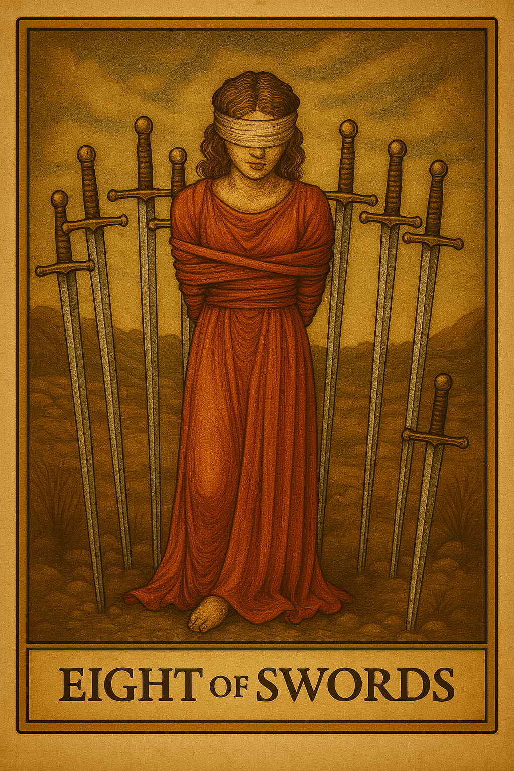 Eight of Swords tarot card depicting fear, mental entrapment, and limiting beliefs.