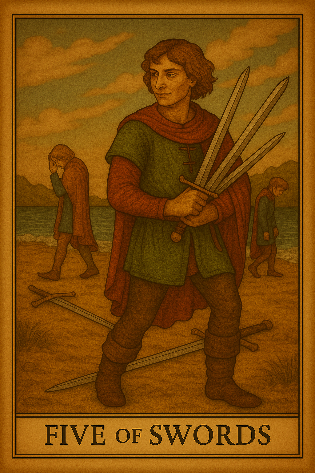 Five of Swords tarot card portraying defeat, manipulation, and mental conflict.