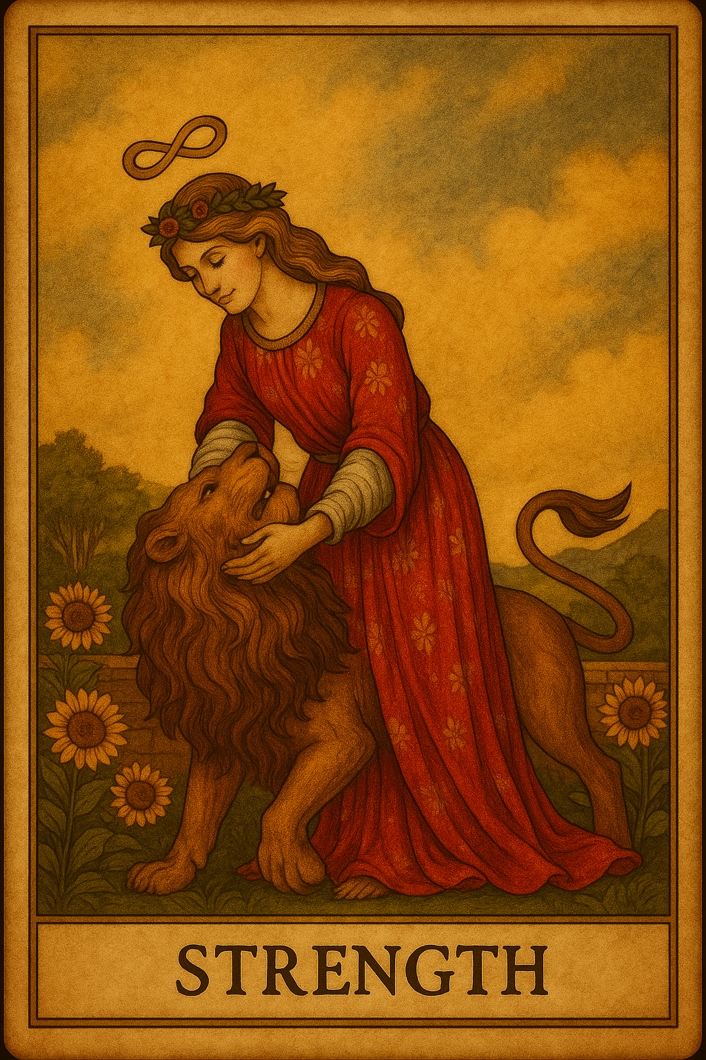 The Strength tarot card illustrating inner courage, compassion, resilience, and emotional strength.