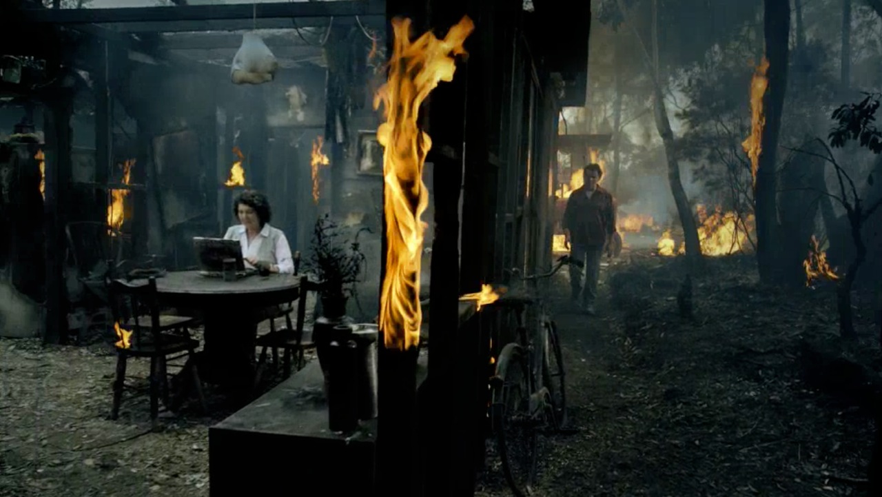 Frame grab from finished spot. Fire gel used on timber in foreground, large explosion, fire and gas flame bars in background