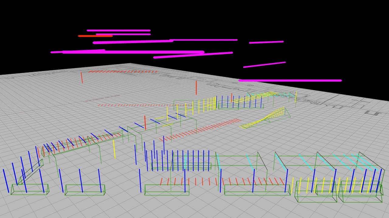 Initial concept of forced perspective 'Z' car race track, made out of 350 keno and LED happy tubes. Each square represents 1 metre on studio floor. We used this grid to plot and position every tube on ground and in the air. Drawing by Fin Design