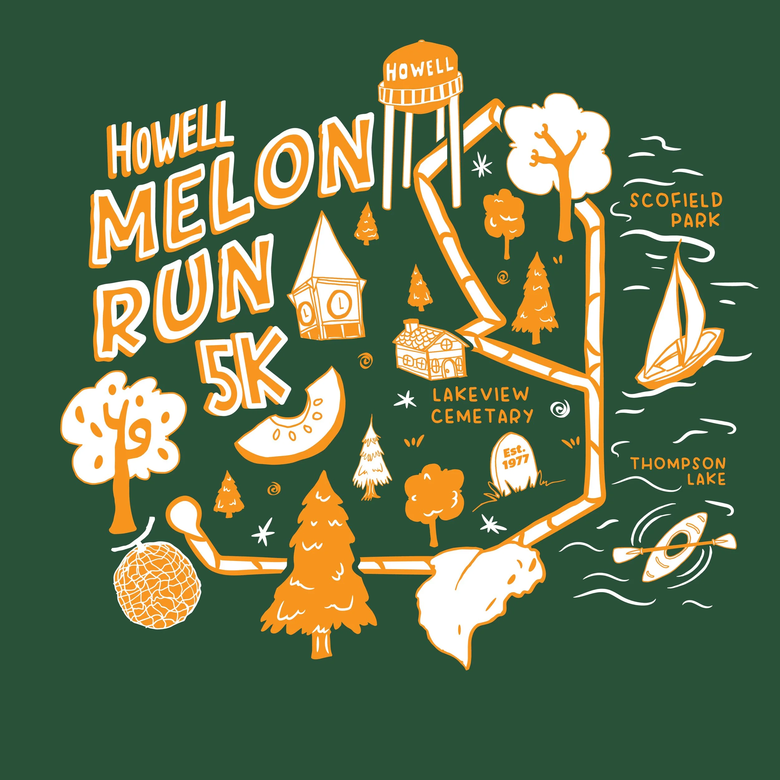 The 2026 Melon Run T Shirt design.  White and orange objects decorate  the race course on a forest green background.