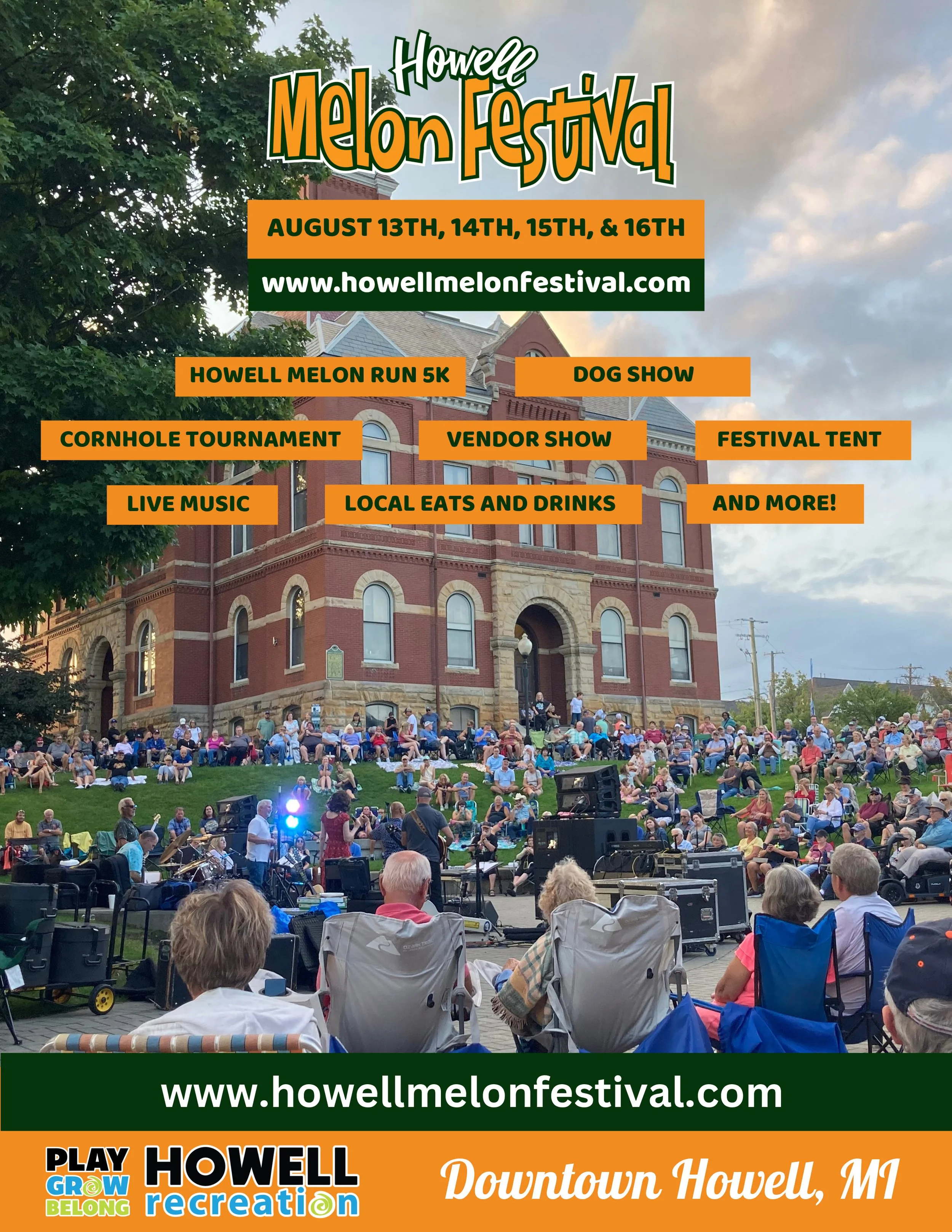 The cover of the 2026 Howell Melon Digital Brochure featuring a photo of hundreds of people watching a concert at the courthouse lawn.