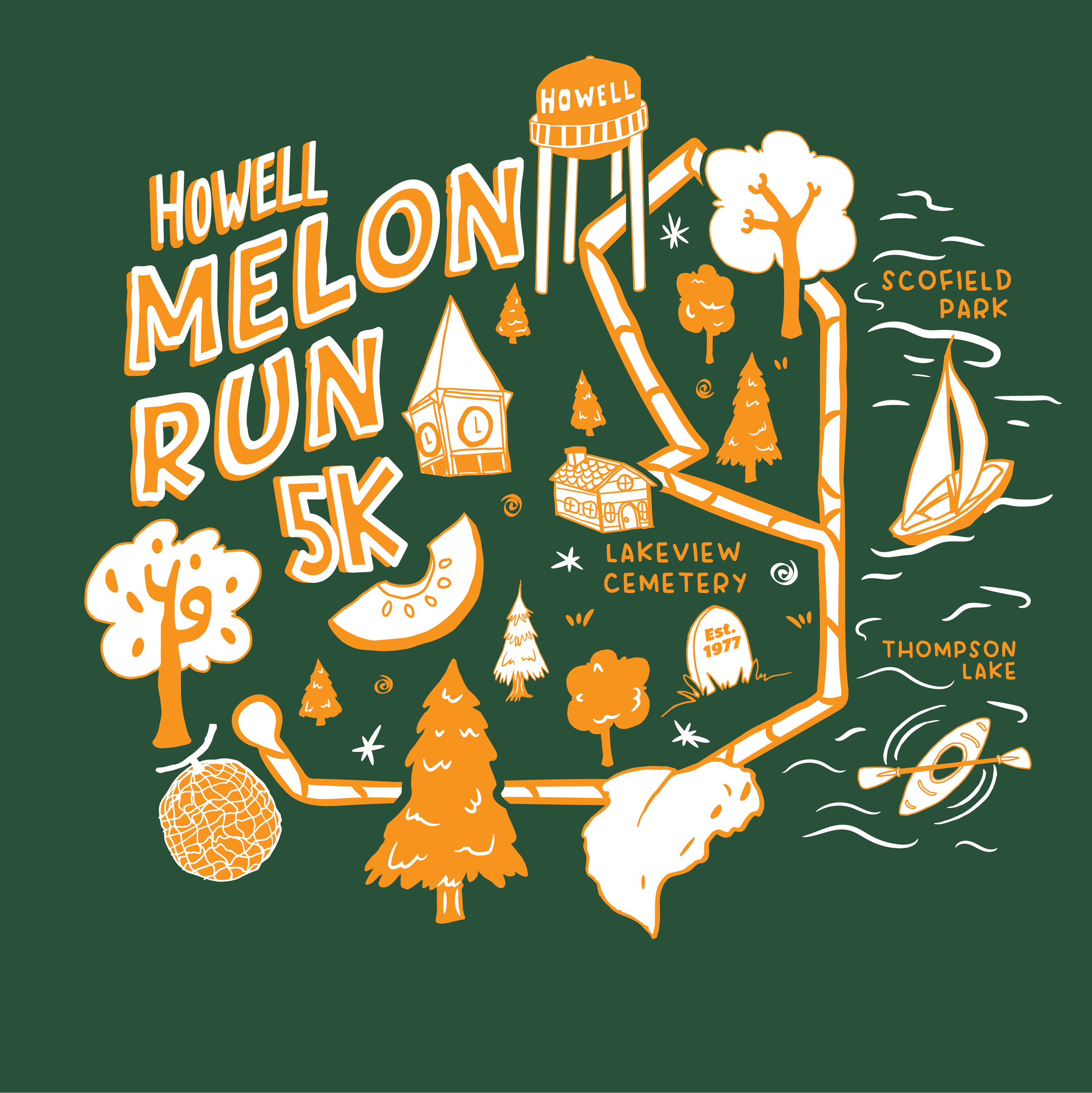 The 2026 Howell Melon Run race shirt featuring a map layout of various spots around the race course.