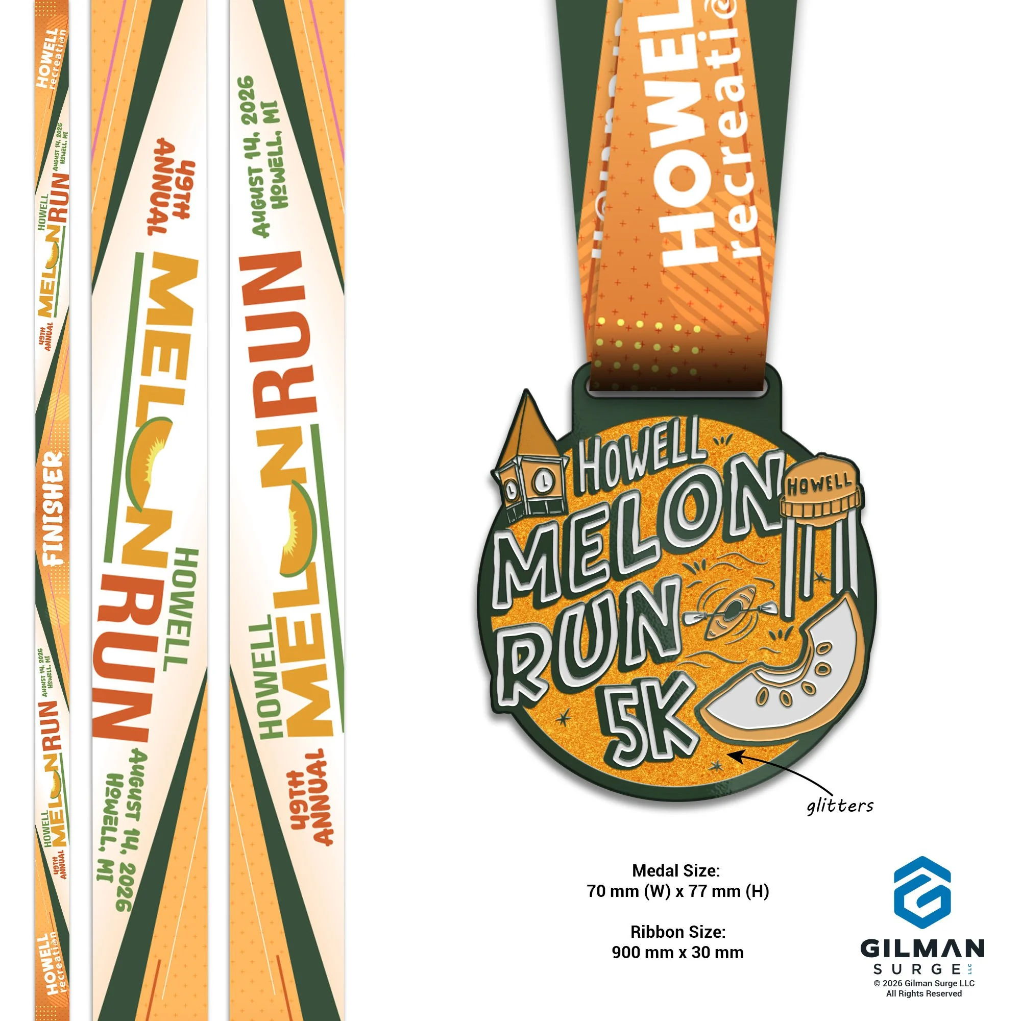 A mockup of the 2026 Melon Run Medal.  The courthouse clocktower and howell water tower decorate the medal along with a kayak and a giant melon slice.