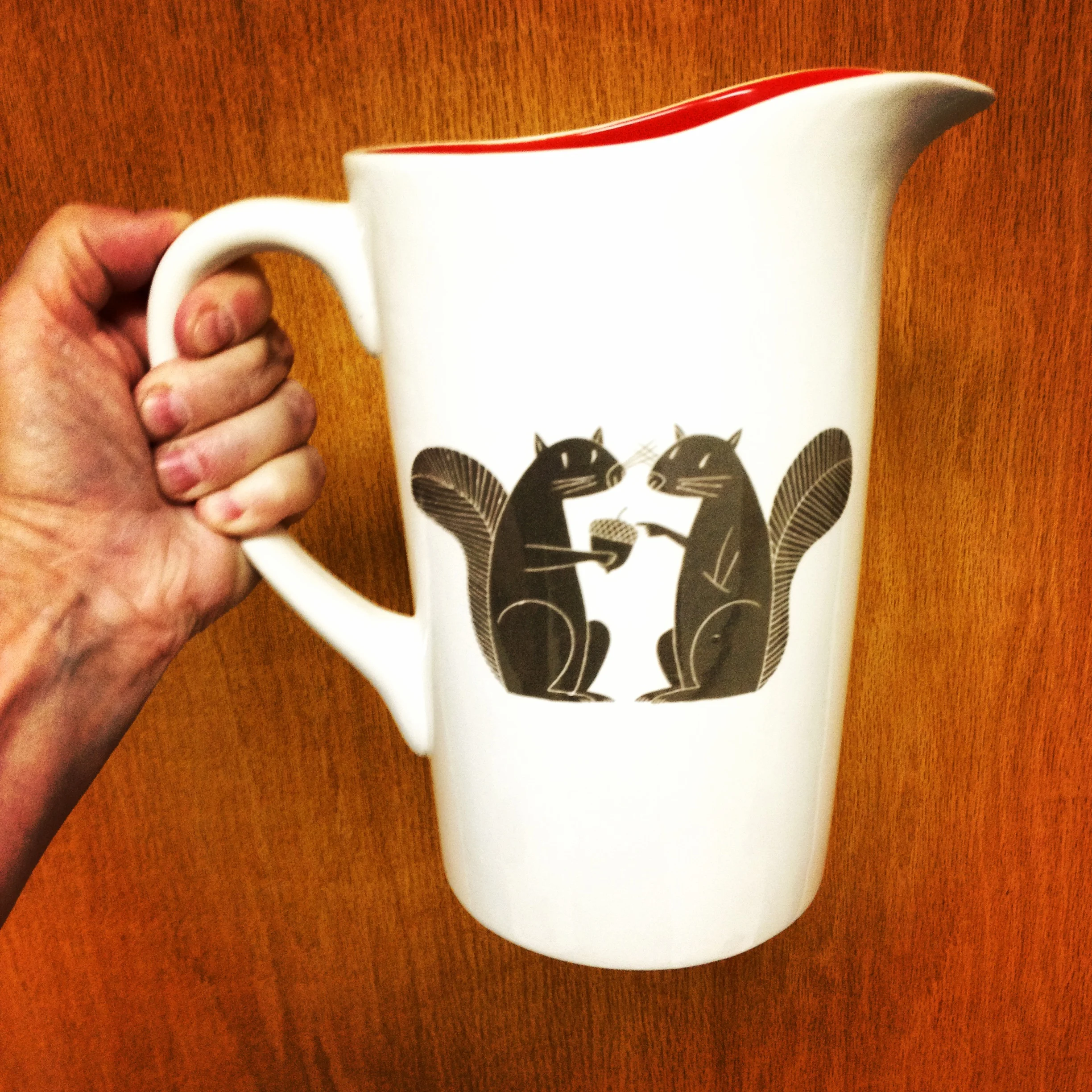   Seriously Squirrel Set   Six whimsical squirrel scenarios appear on a variety of tableware including pitchers, serving bowls, bowls and small cups for&nbsp; Pbody Dsign.  