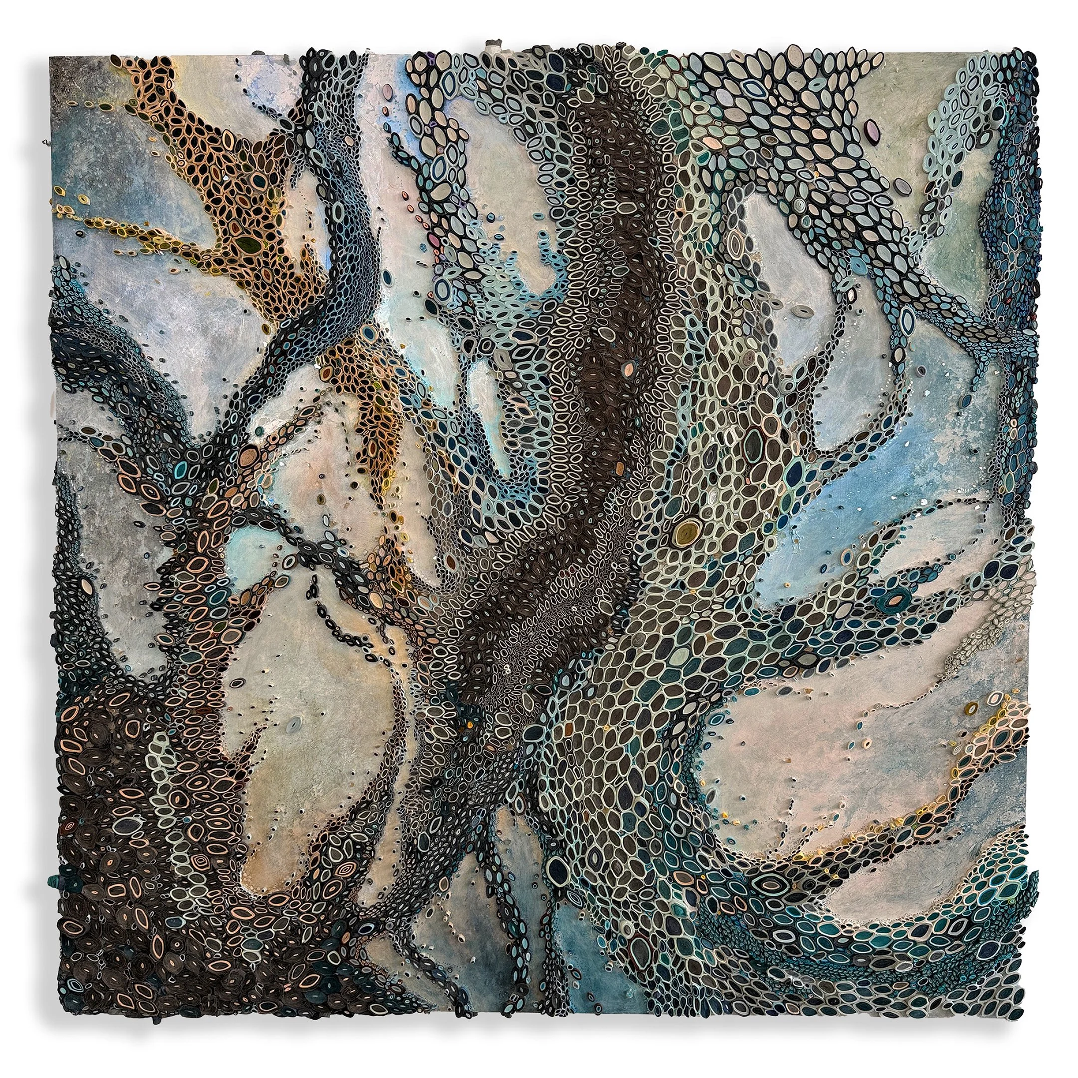 Half Asleep   
57" x 57" x 3"  
mulberry paper, acrylic, pyrite, glass