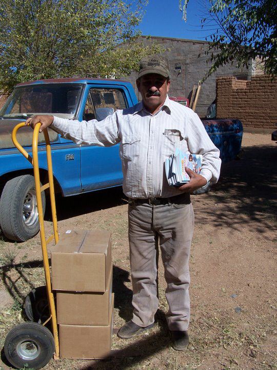 Pastor Cheppi with Bibles for 4 churches at El Terrero, Namiquipa