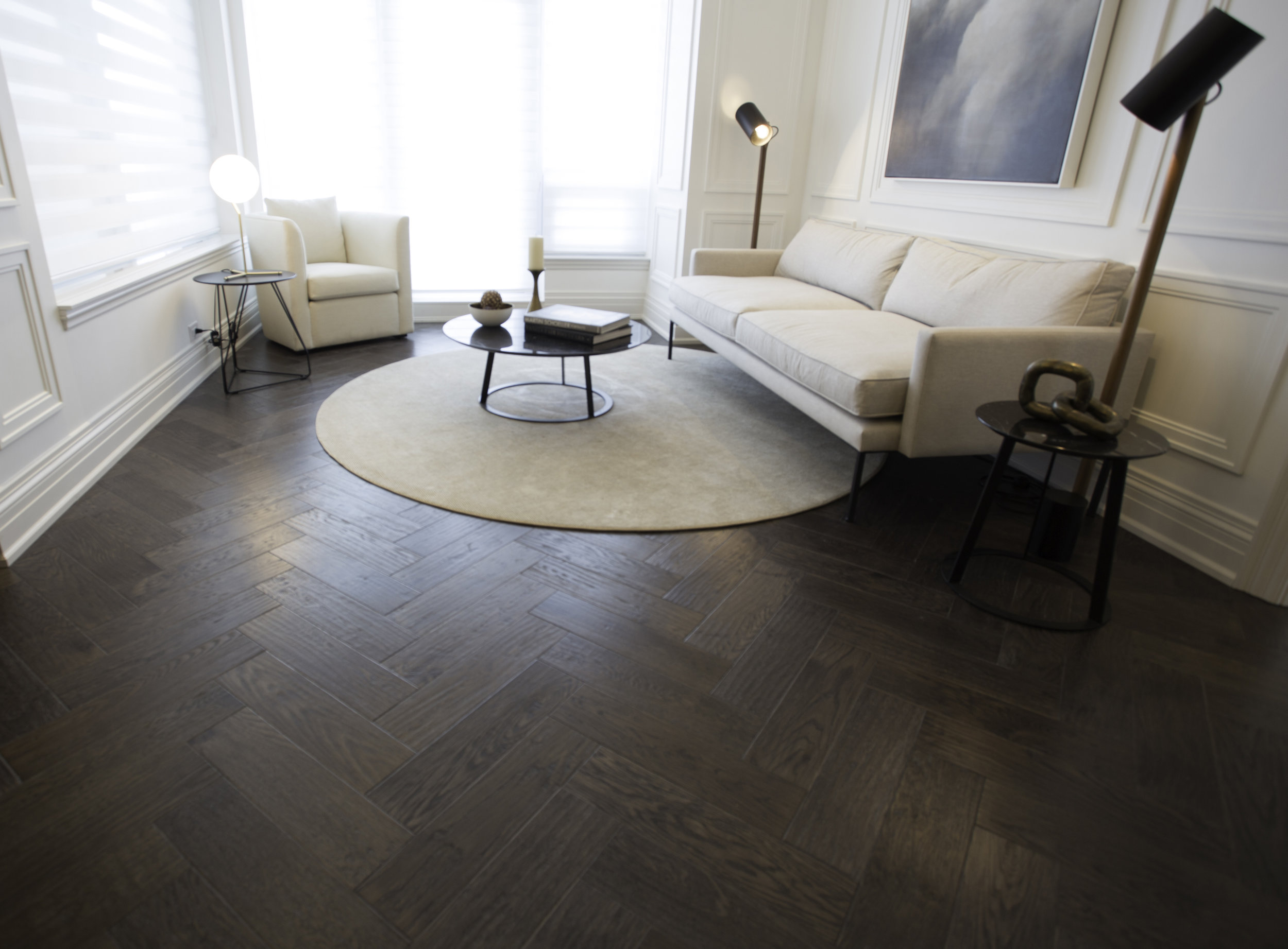 Vintage White Oak Hand Scraped Herringbone Gotham