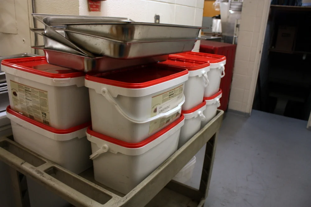  After checking out the reigning champ, I then headed down to the challenger's kitchen. Along the way, Swedish Cultural Center Executive Director Kristine Leander pointed out these giant tubs of delicious ligonberry compote. The center puts on a panc