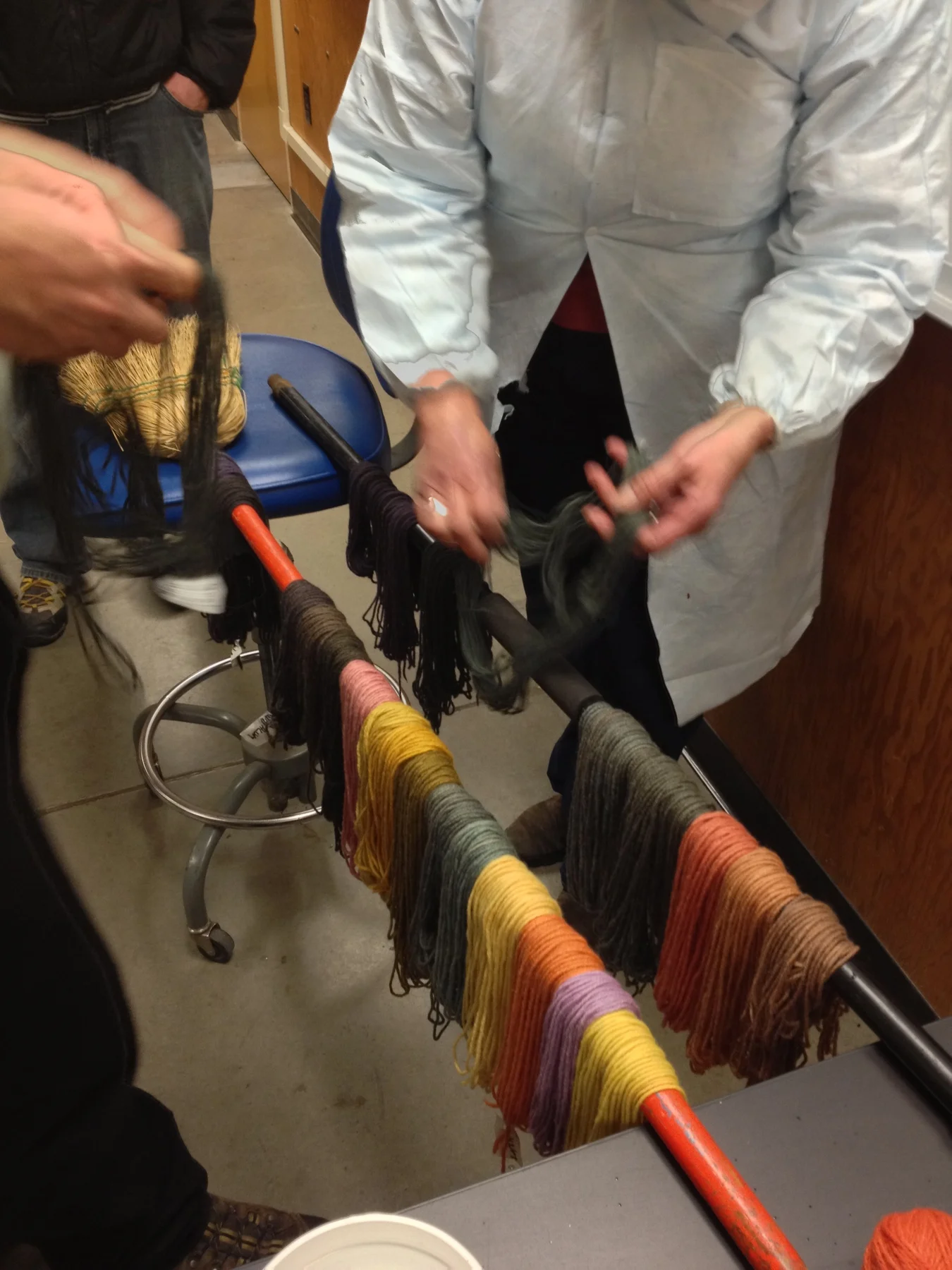  Back in to dry out our dyed wool. Then we assembled a little reference card of all our different colors. Vine video of the progress here: https://vine.co/v/bIP9BtdEMb7 