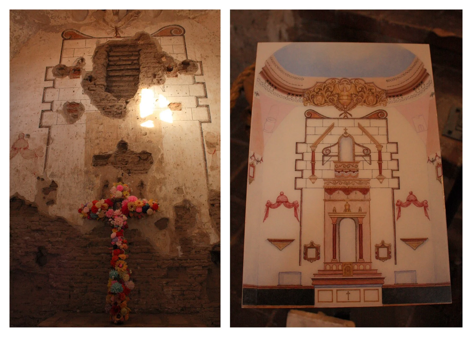  The sanctuary as it is now, and artist's rendering of the decorations as they were. 