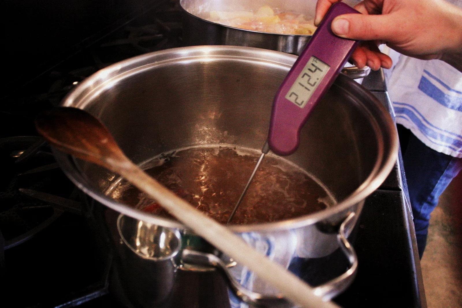  Equal parts juice and sugar go into the pot and cook until they reach 220 degrees. 