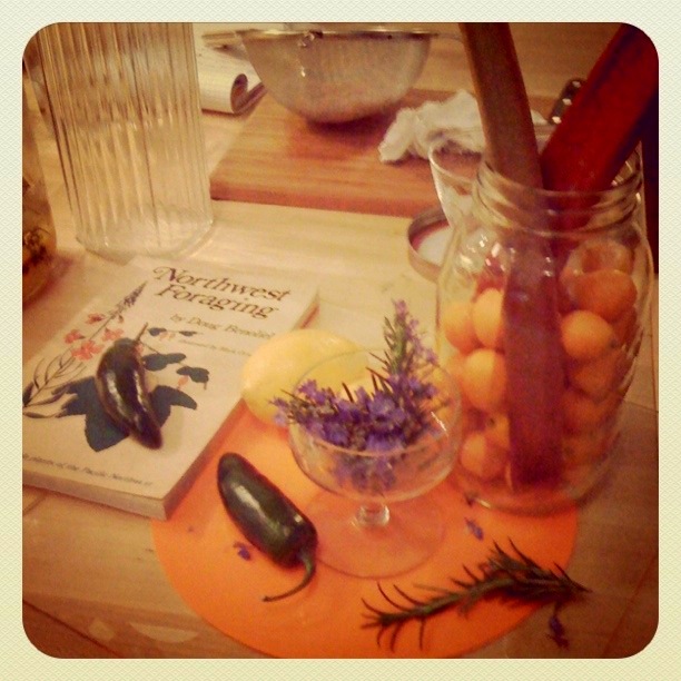  Maggie's version of rhubarb vermouth called for sliced kumquats and thyme. A delicious combo! 