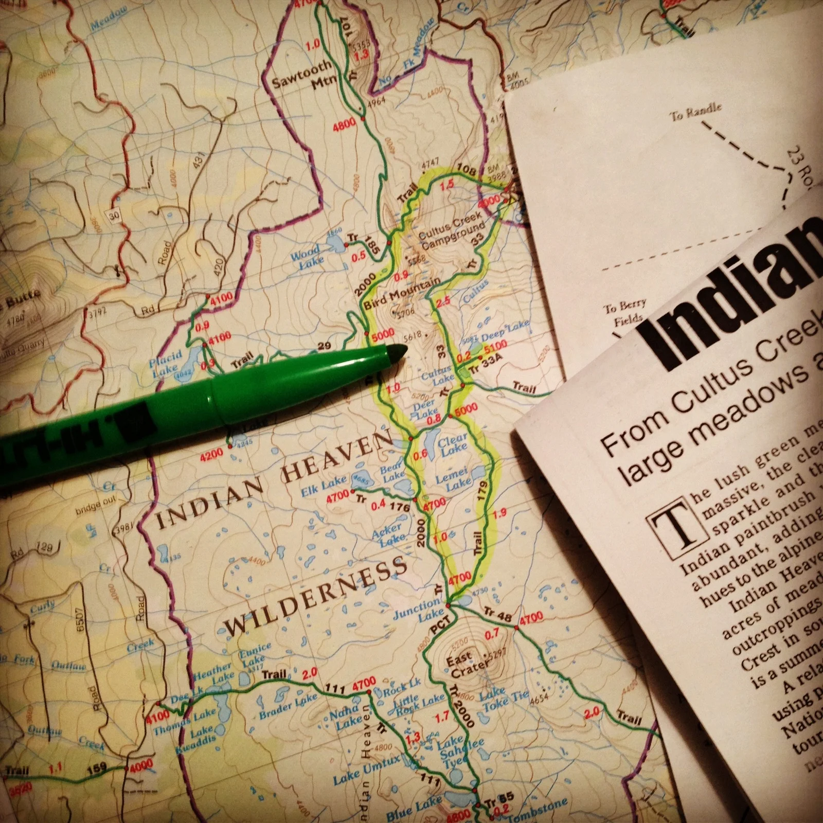  I'd made a brief trip to the area earlier in the month when I was down south for a class in Portland. On that first visit, I'd picked up an info packet at the ranger station. It included an article about a 10-mile hike through the Indian Heaven Wild