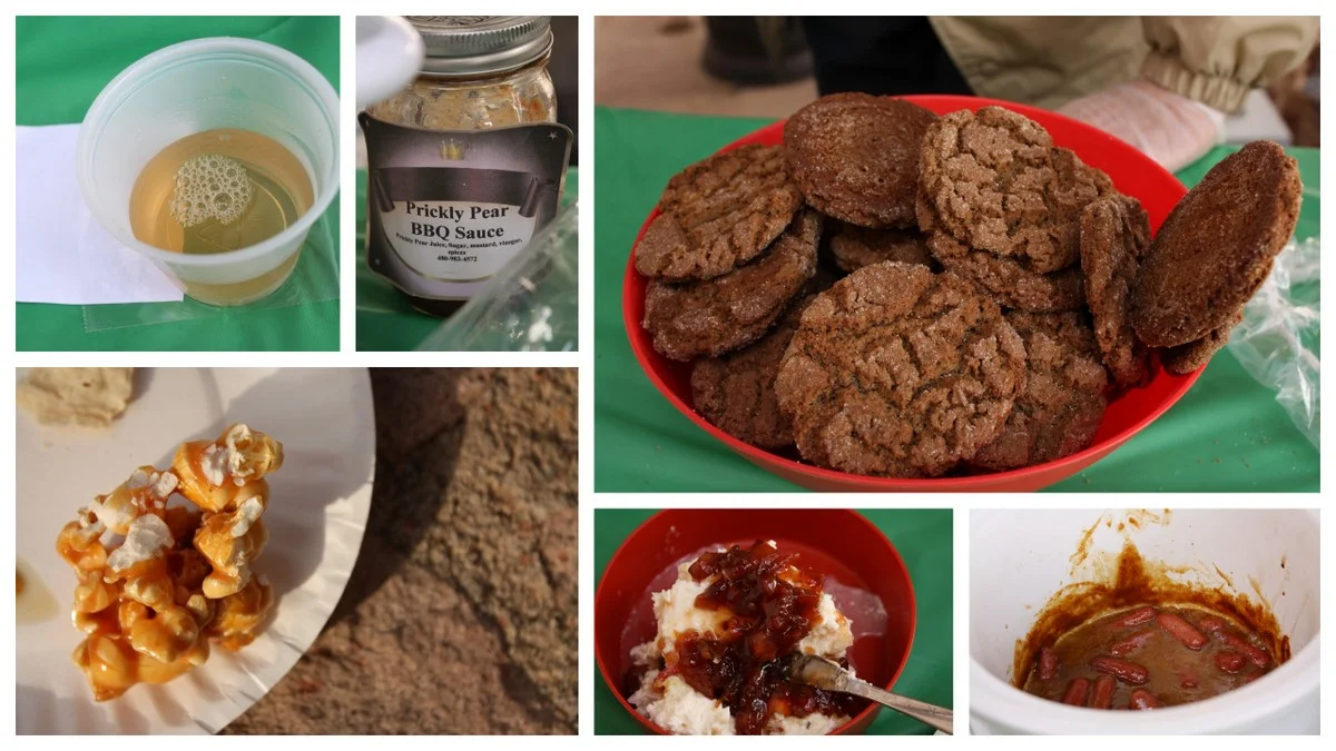  As a treat after the walk, Jean shared a variety of foods she'd made using Sonoran ingredients. Mesquite-ginger cookies, prickly pear BBQ sauce, mesquite marmalade, ocotillo tea and popcorn with prickly pear syrup.  -------------  For more outdoor s