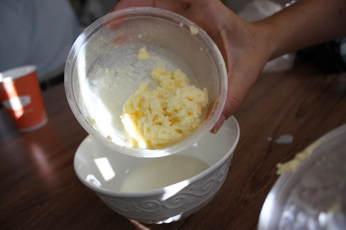  The butter is starting to come together. 