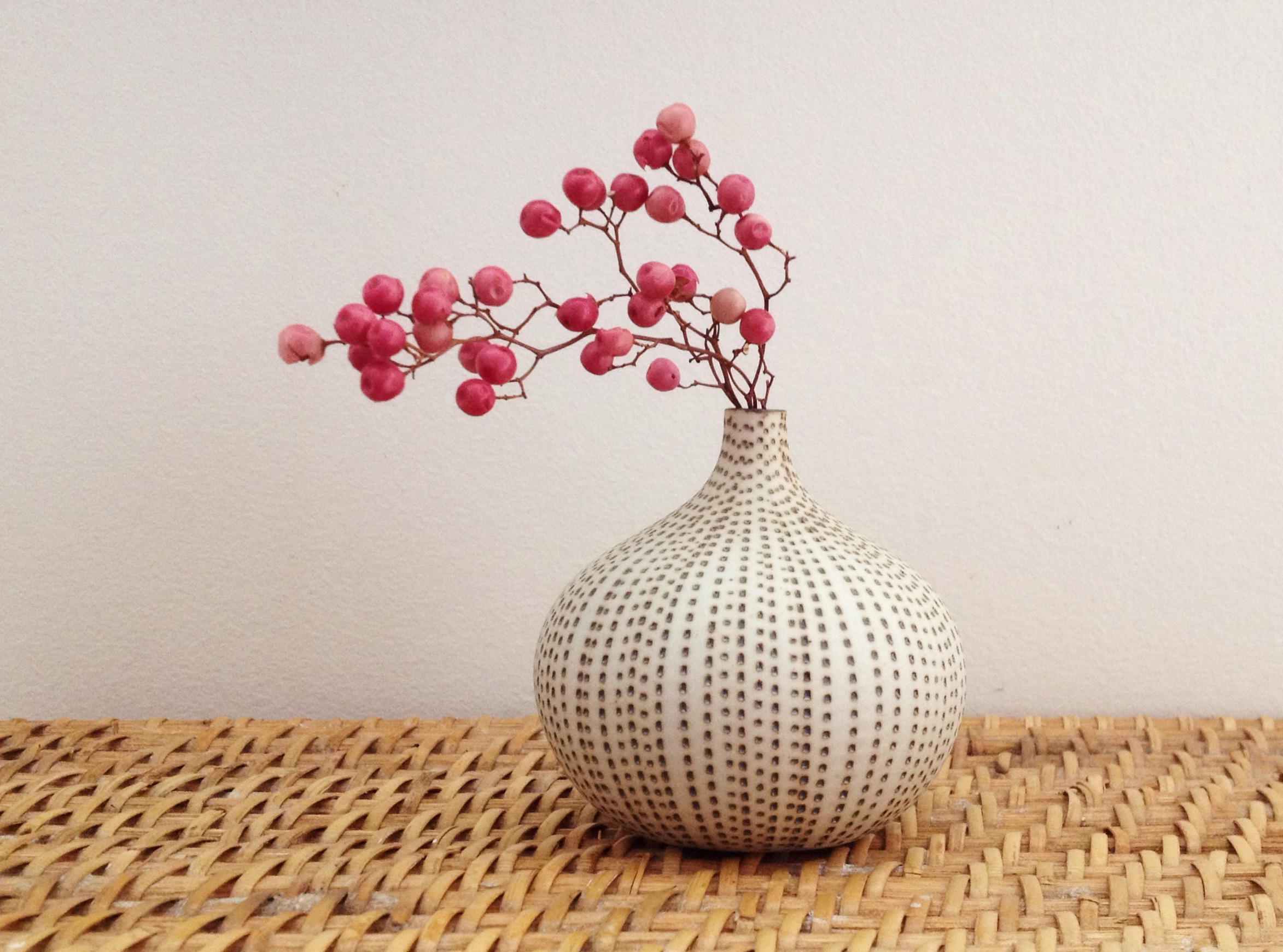  A souvenir: &nbsp;tiny vase bought in Los Feliz from more friendly people, with pink peppercorns found on Griffith Park hike. 