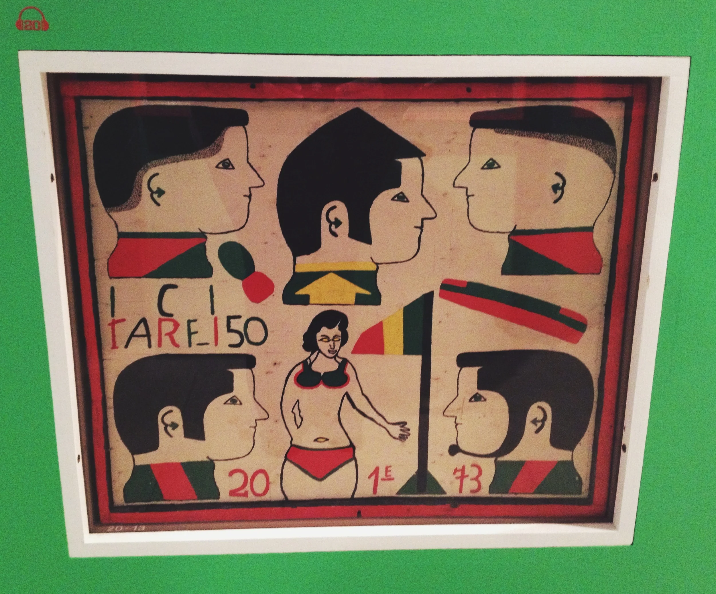  Mali Barbershop sign, 1973. "Throughout Africa, barbers display their repertoire with signs [that] are now collected as folk art. This art form emerged in the 1960s and 1970s as a first generation of self-trained artists was influenced by cinema pos