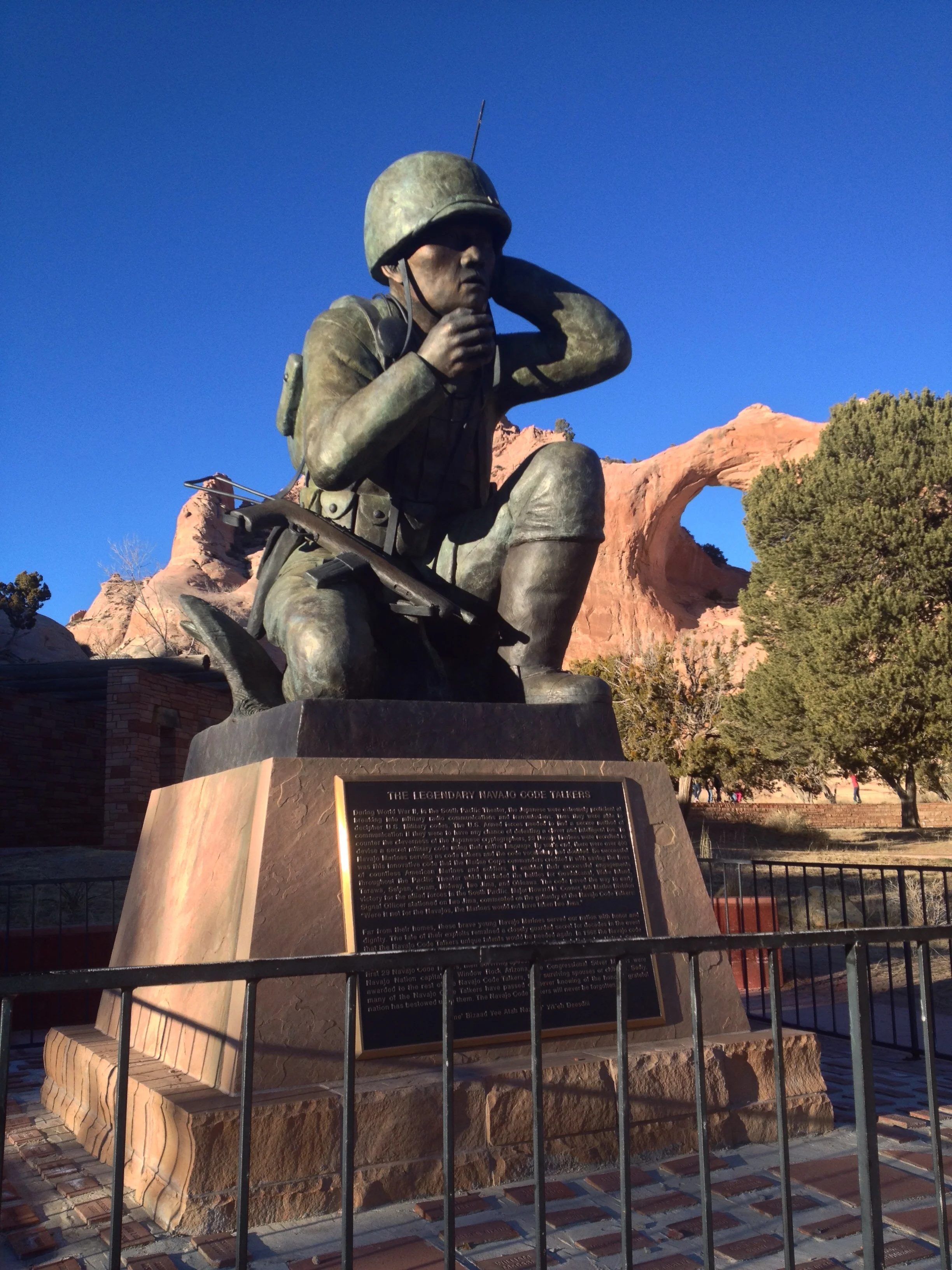  I made a shortish loop north to Window Rock. It's also the site of a memorial to the Navajo Code Talkers of World War II. Each of those bricks around the statue has a name of a code talker. Here's a little more about the code talkers.  www.history.n