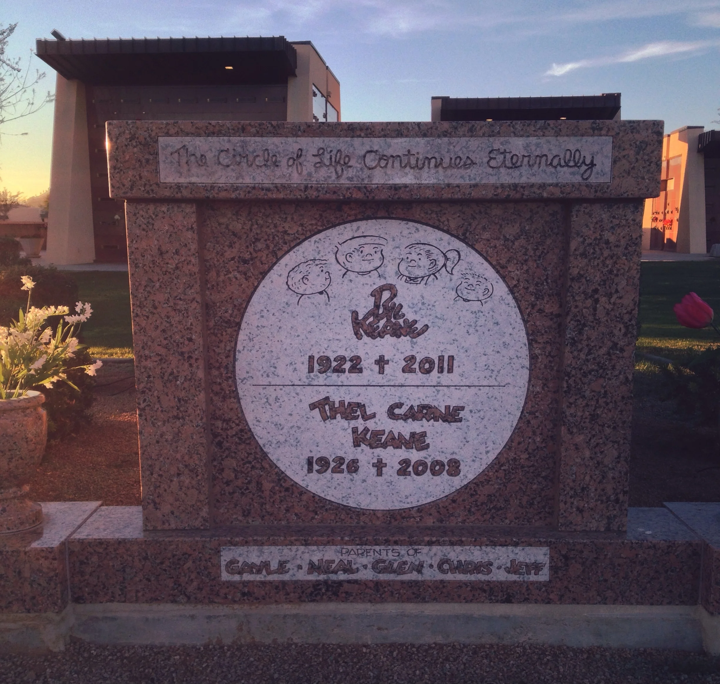  Happened upon Family Circle cartoonist Bill Keane's gravestone during unintentional detour thru cemetery. I liked his comic as a kid, esp those that had the little dotted line trail showing what the kids had gotten up to. Apparently he met his wife 