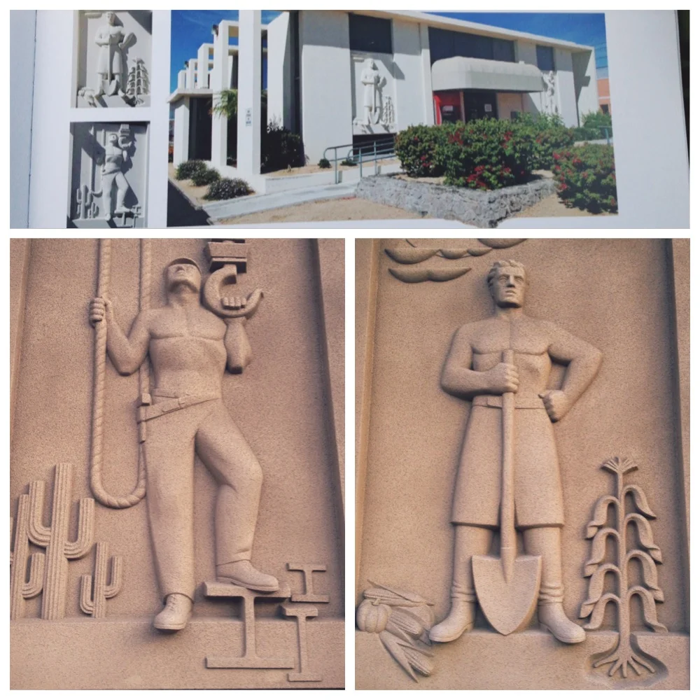  I guess I am glad Bank of America has retained these original mid century bas relief sculptures but sure wish they hadn't painted the building this awful brown over the original white (as seen in book pic at top). 