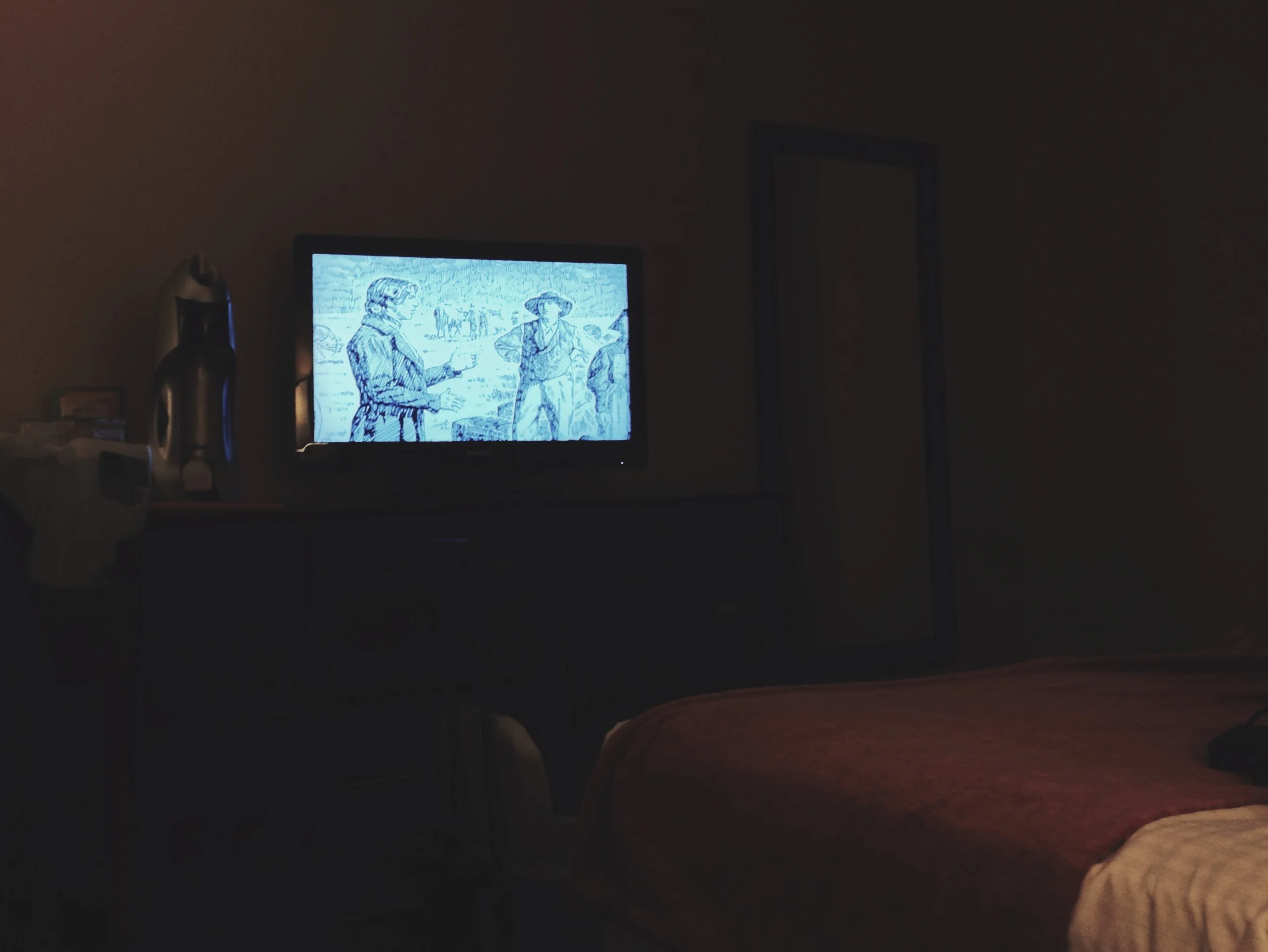  A show on the Mormon handcart pioneers was playing in the hotel room. 