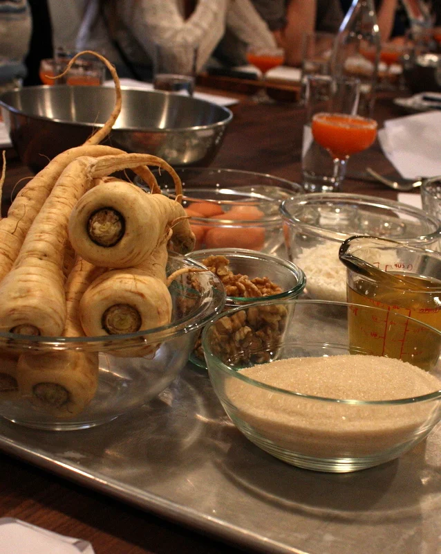  Our dessert for the class was a parsnip cake, Diane's riff on carrot cake. The process is basically the same: grate up the vegetable and then fold into a cake batter. 