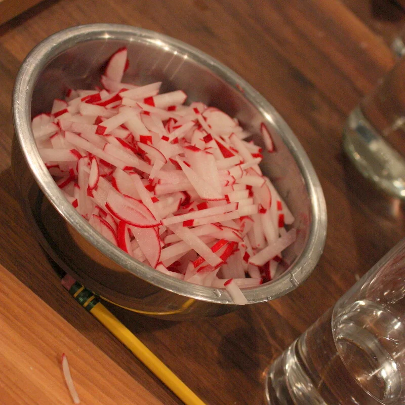  Finished matchsticked radishes for garnish - good knife skills practice. 