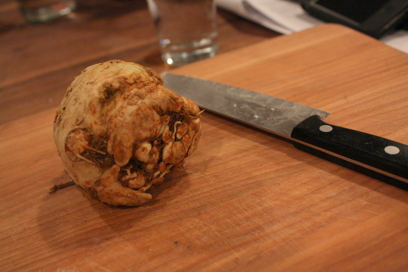  The salad for the evening was a celery heart, leaf and root salad. It was my first time working with a gnarly celery root. 