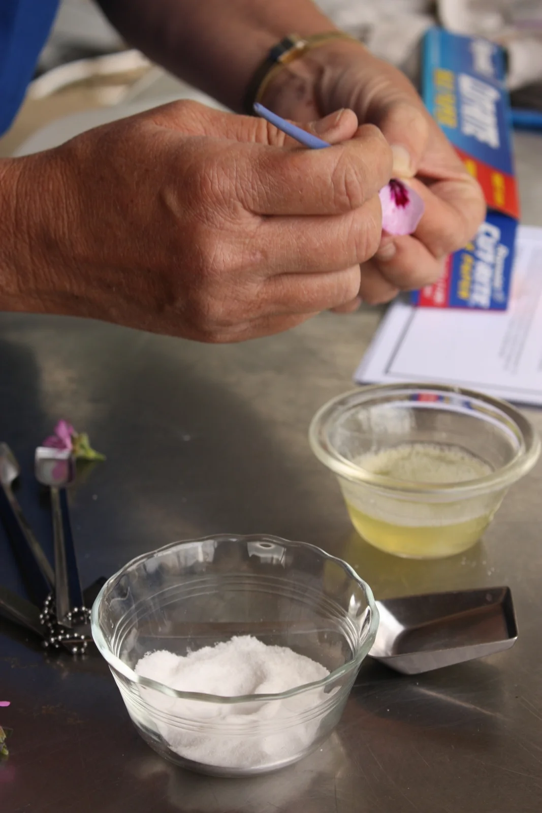  Cindy demoed how you carefully paint each section of the flower with a mixture of egg white and vodka (the vodka helps it dry faster), then coat in caster sugar. 