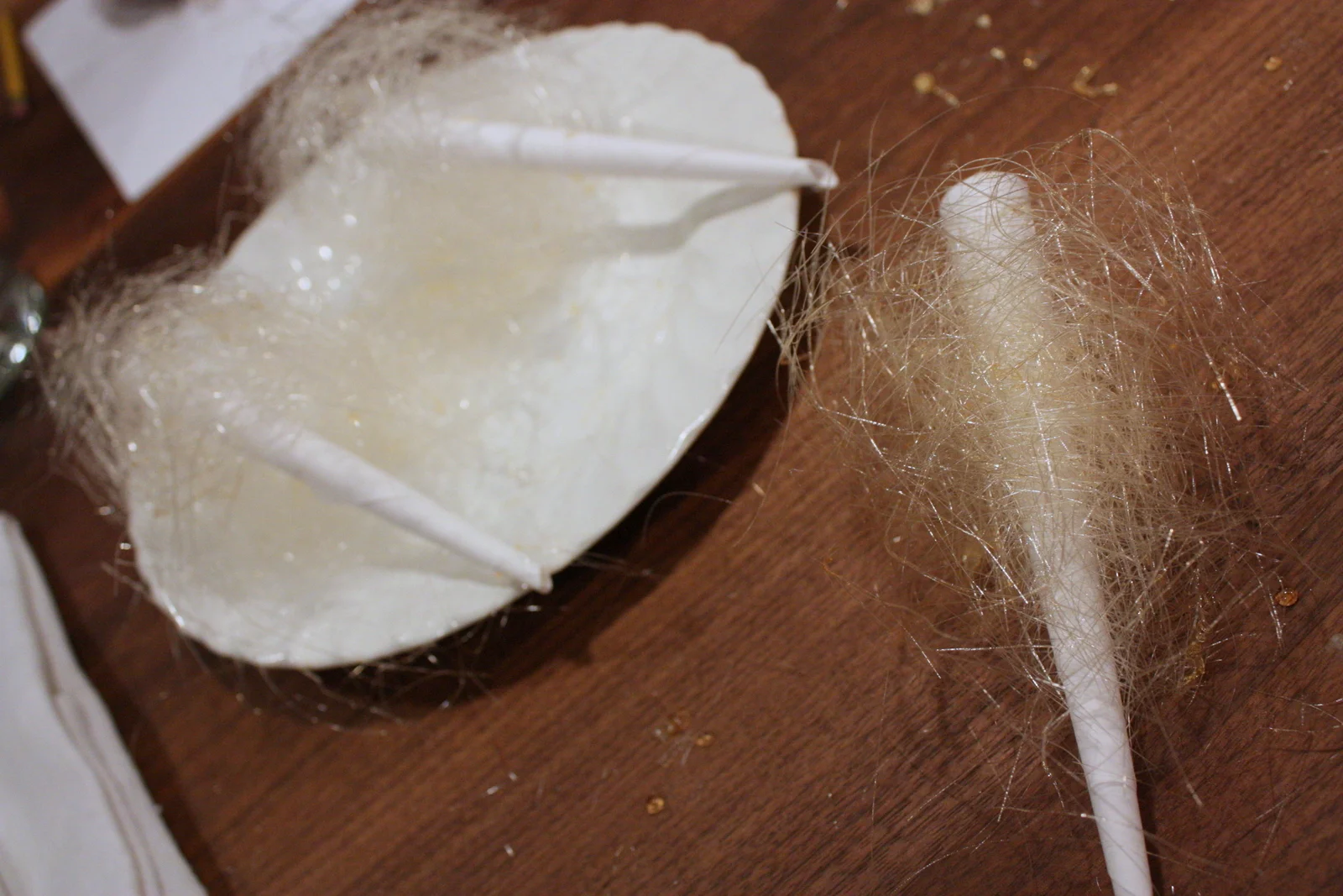  More finished cotton candy. It is a fun project for an adventurous person who likes to try the unusual culinary project. Just don't expect to get big giant clouds with this manual method like you would from a machine. 