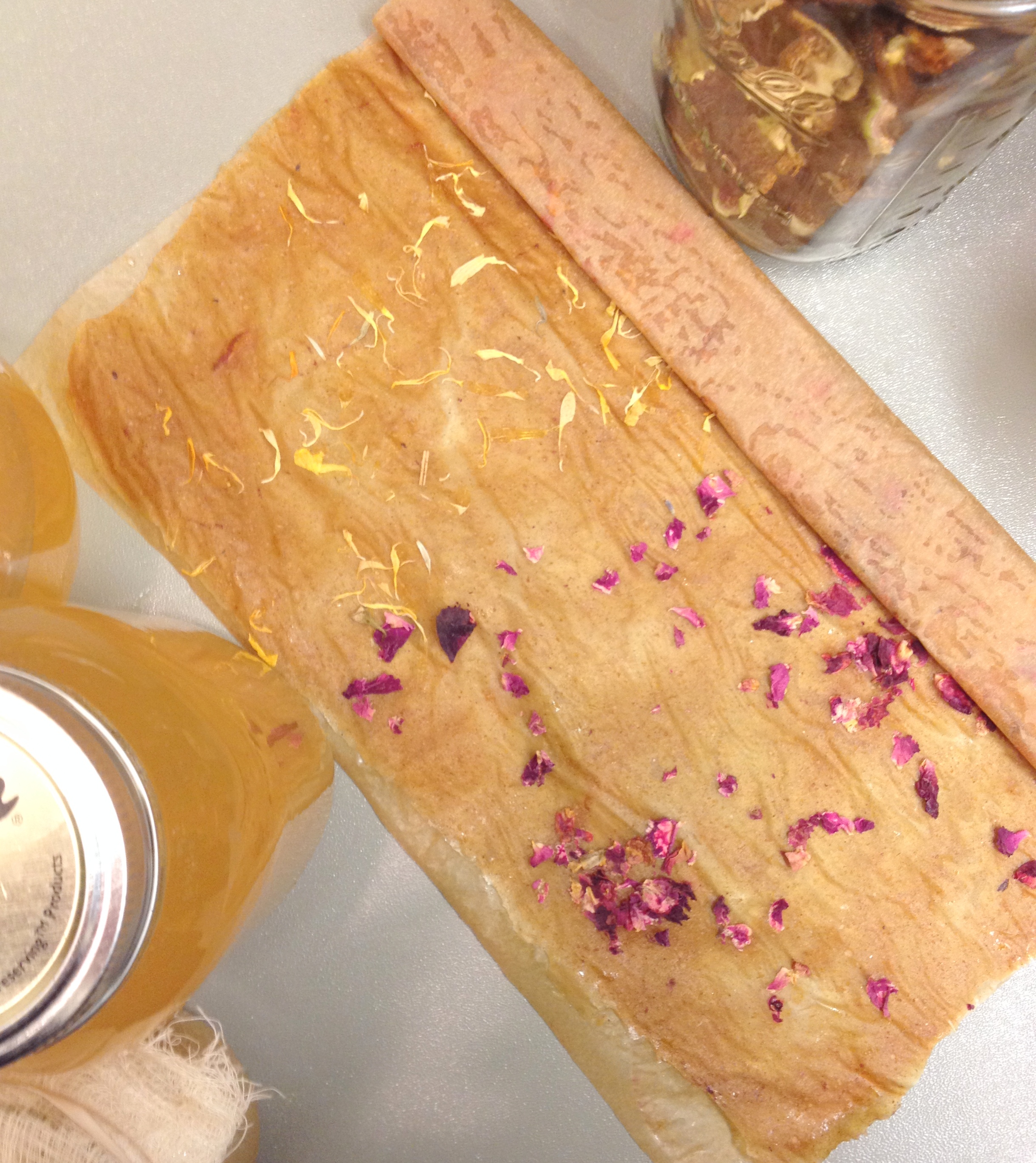  Amy also discussed other preserving methods, like drying fruits or making fruit leathers. This one was an experiment for Amy in sprinkling the leather with calendula and rose petals, which, she noted, "look beautiful, doesn't taste like anything, ki