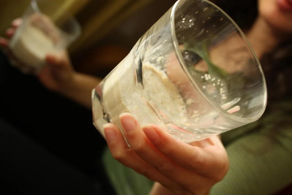  While the pie baked, we prepared more dough from scratch. Here Irina shows us the starting point for the preferment yeast mixture. 
