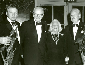   Danny Kaye, Laurance S. Rockefeller, and Margaret Milbank Bogert at the 1982 ICD awards dinner.  