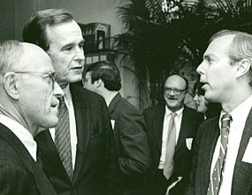   Jeremiah Milbank, Jr., George Bush, Sr. and Jeremiah Bogert (grandson of the founder) at an ICD event in 1983.  