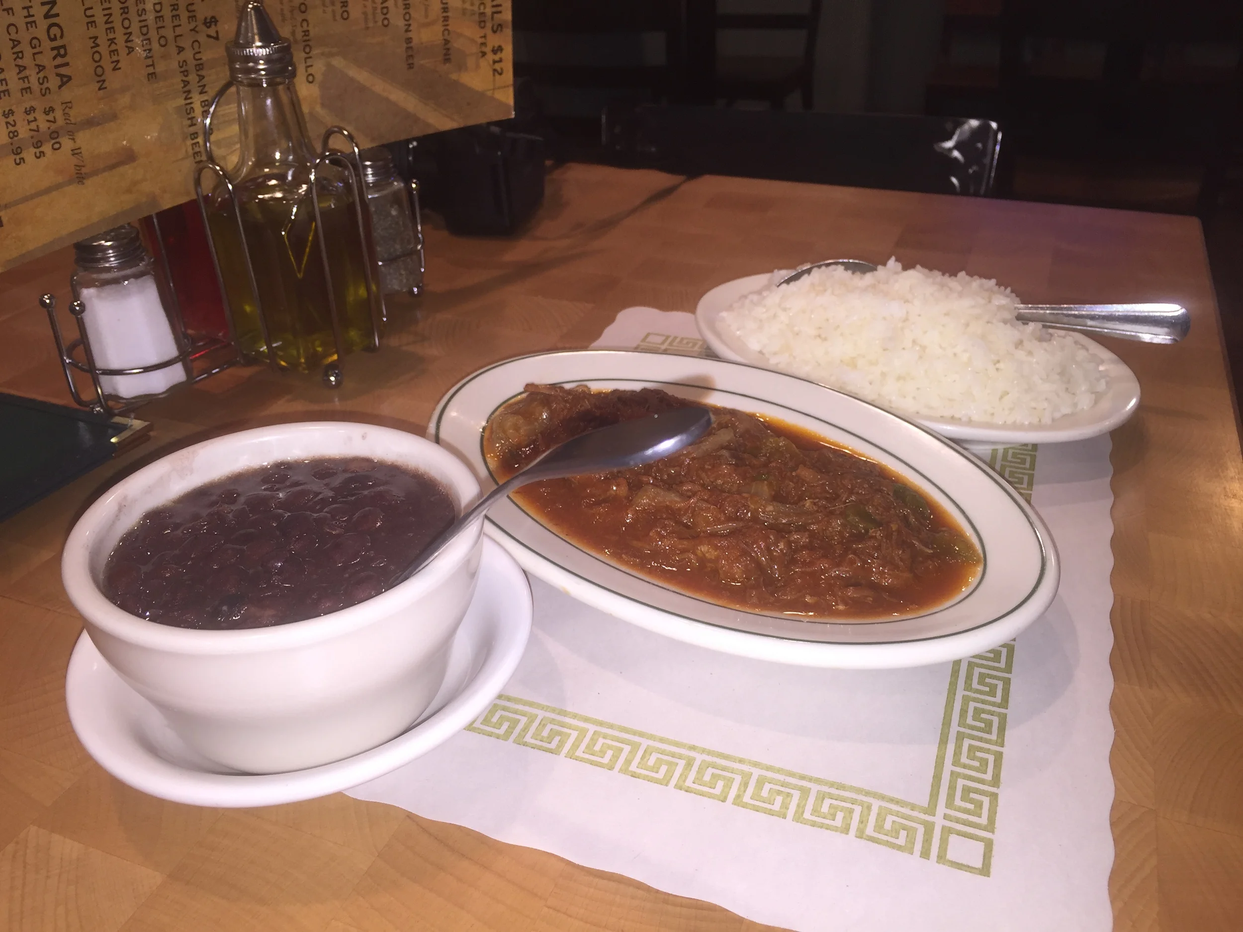 Rincon Criollo's signature dish: Ropa vieja, shredded flank steak in tomato sauce.